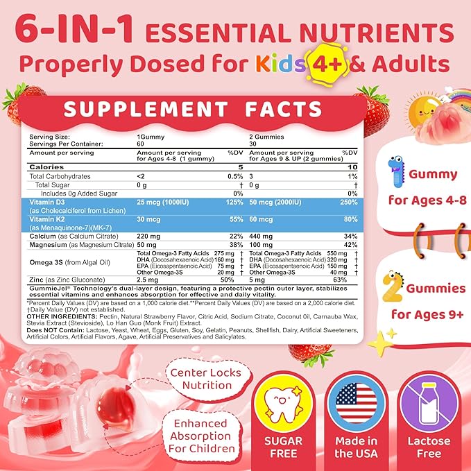 Vitamin D3 K2 Filled Gummies for Kids & Adults, 1000IU/2000IU D3 + K2(MK-7) with Calcium, Magnesium & Algal Omega 3(EPA/DHA) for Bones, Teeth, Muscles, Brain, Low-dose Vitamins, Sugar-Free, 60 Chews
