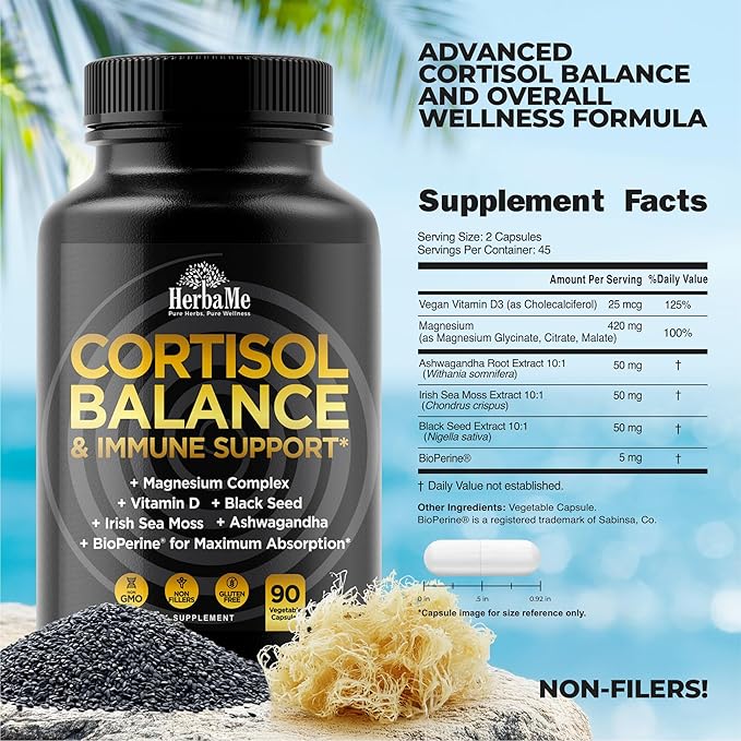 Cortisol Balance and Immune Support Supplement with Ashwagandha, Irish Sea Moss, Black Seed, Vitamin D and Magnesium Complex | Mood Enhancer | Immunity Booster | Stress Relief Pills | 90 Capsules