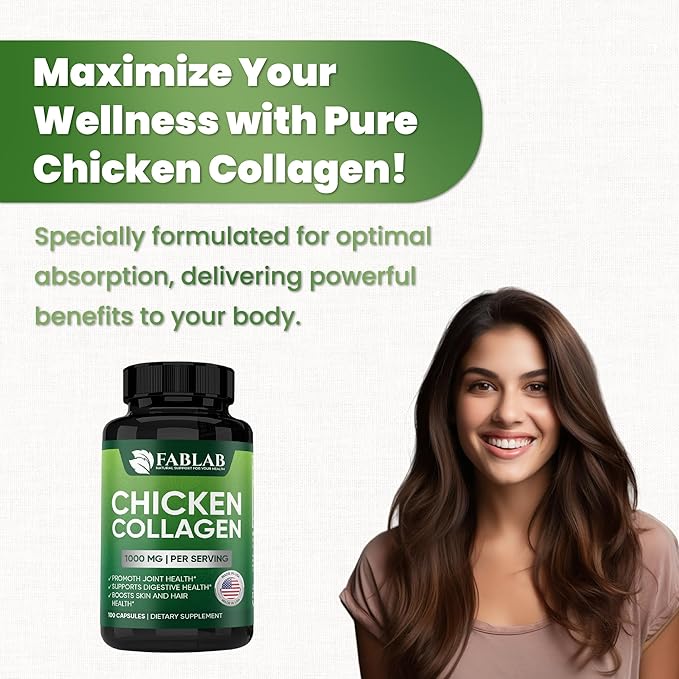 FabLab Chicken Collagen Type II Supplement - Nutritional Supplement for Joint, Nerve & Bone Support - Non-GMO, Anti-Aging Dietary Product with Hydrolyzed Peptides- 100 Capsules