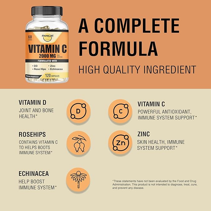 Vitamin C 2000MG, Zinc 40 mg, Vitamin D3 5000 IU, Echinacea Extract, Rose Hip, Immune Support for Adults & Kids, Immune Booster,120 Vegan Caps, 60 Day Supply, Non GMO, No Filler