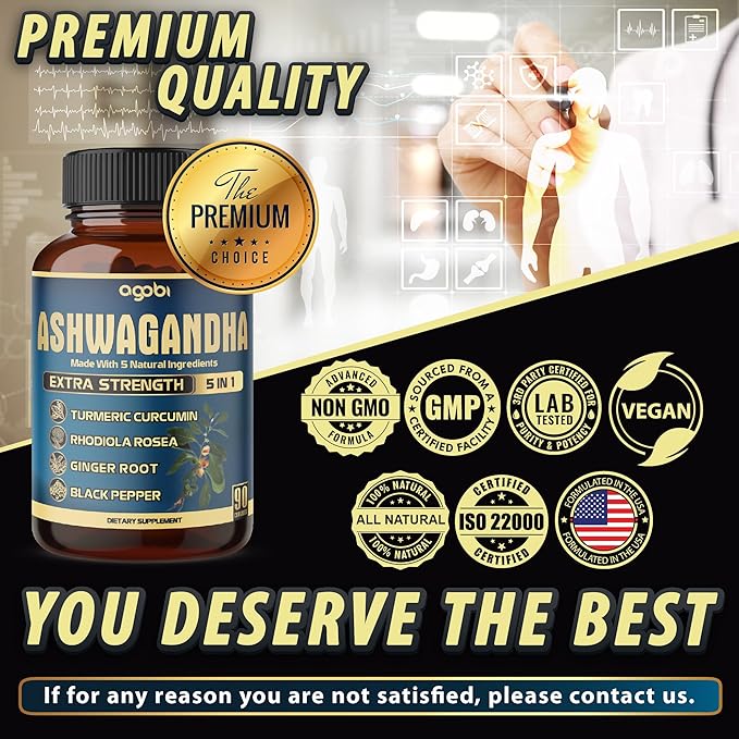 Ashwagandha Extract Capsule - Great Strength - 5in1 Blended Ginger, Turmeric, Rhodiola Rosea & Black Pepper - 90 Capsules for 3 Months - Strength, Spirit & Immune Support