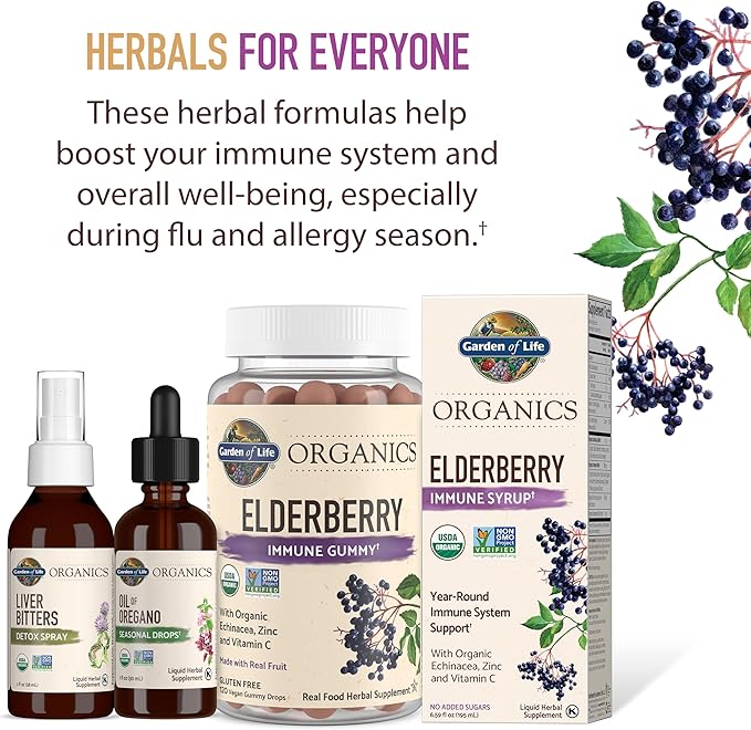Garden of Life Organics Plant-Based Elderberry Immune Syrup 6.59 fl oz (195 Ml) for Kids & Adults: Sambucus, Echinacea, Zinc & Vitamin C, 0g Sugar, Organic Vegan Gluten Free Herbal Supplement