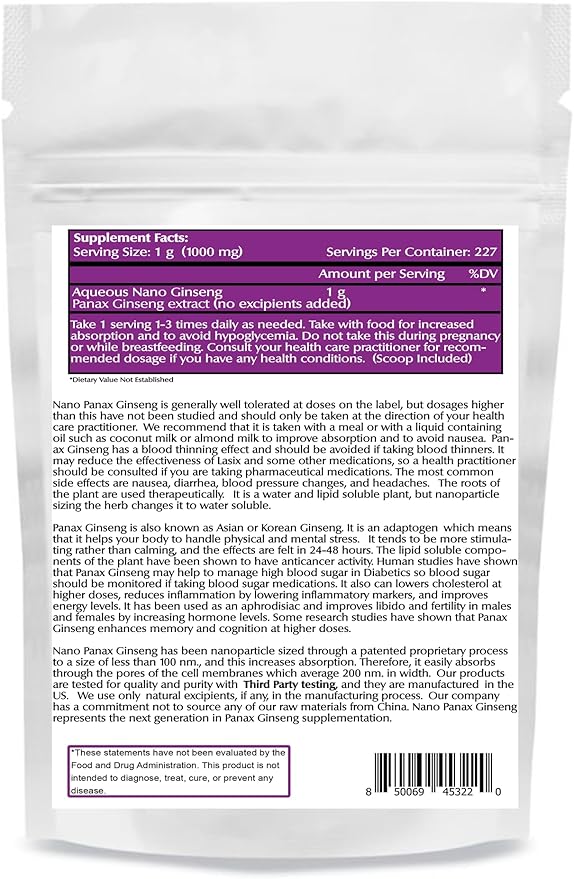 Nano Panax Ginseng Powder 8 oz (227 Servings), Korean Ginseng Extract, Nano for Enhanced Absorption, Boosts Energy & Stamina, Non-GMO, Vegan, Gluten Free