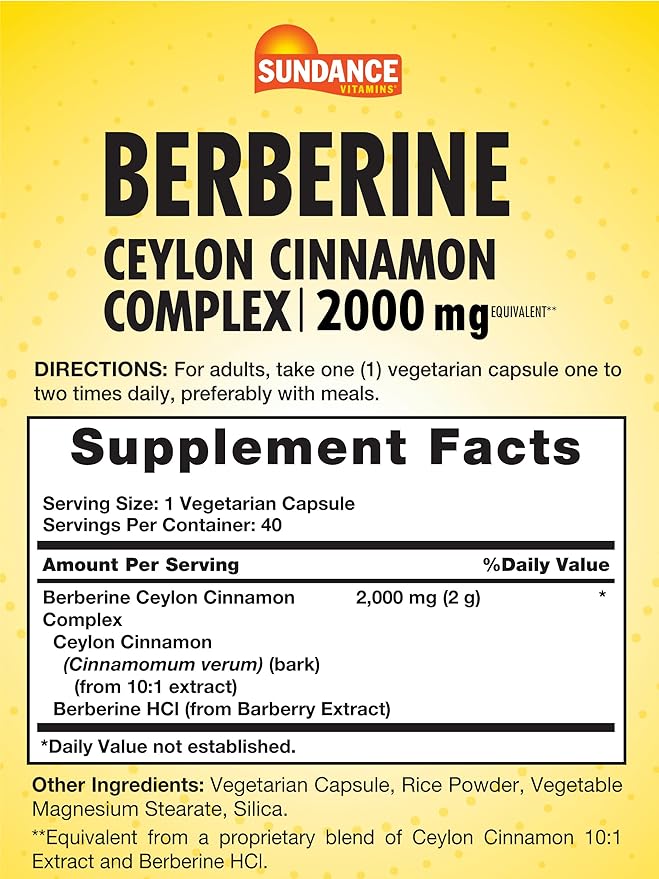 Sundance Berberine with Ceylon Cinnamon | 2000mg | 40 Capsules | Vegetarian, Non-GMO & Gluten Free Supplement
