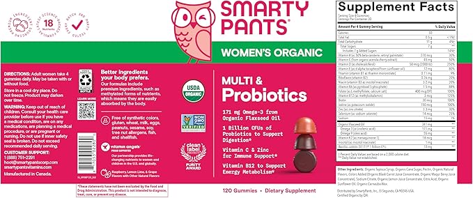 SmartyPants Organic Women's Multivitamin Gummies: Biotin, Probiotics, Methylfolate, Omega 3 (ALA), Vitamin D3, C, Vitamin B12, B6, A, K & Zinc, Inositol, Gluten Free, 120 Count (30 Day Supply)