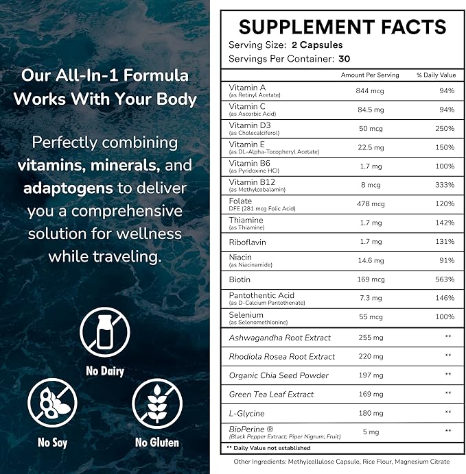 Travel Vitamin Supplement for Flight and Daily, Jet Lag, Energy, Immune, Digestion Support, Promote Calmness with Ashwagandha, Rhodiola, Chia & D3 for Better Sleep & Mood | Vegan, 60 Count