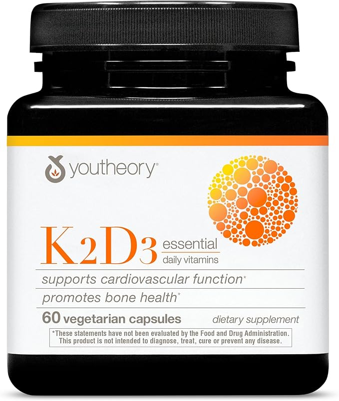 Youtheory K2D3 - Bone & Heart Health Support* - Combines Vitamin D3 & Vitamin K2 - Dairy, Soy & Gluten Free - 60 Vegetarian Capsules