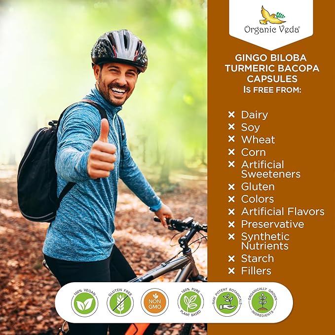 Organic Veda Ginkgo Biloba Turmeric Bacopa Brain Supplement for Memory, Mood & Focus with Ashwagandha - Concentration, Energy & Brain Booster, Healthy Joints & Circulation Support - 60 Vegan Capsule