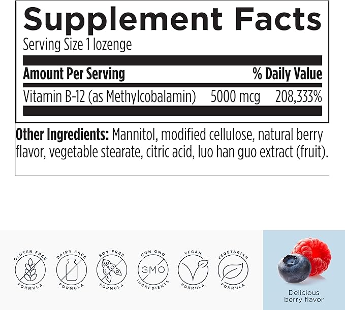 Designs for Health Vitamin B12 Lozenges - B12 Vitamins 5000 mcg Methylcobalamin - Vitamin B12 Supplements - Vegan + Non GMO, Natural Berry Flavor (60 Quick Dissolve Lozenges)