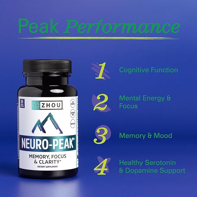 Zhou Neuro-Peak - Brain Supplements for Memory and Focus, Nootropic for Men & Women, Brain Support Pill for Adults, Brain Vitamins - 30 Veggie Capsules (Pack of 1)