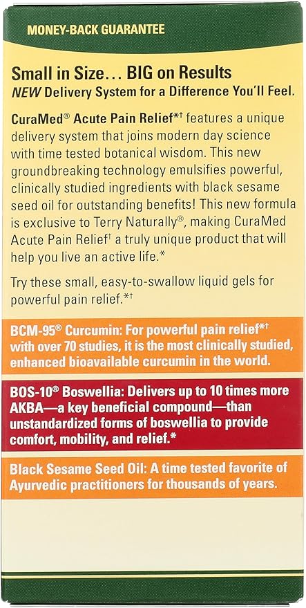 Terry Naturally CuraMed Acute Pain Relief - Supplement with BCM-95 Curcumin & BOS-10 Boswellia - Black Sesame Seed Oil to Support Relief of Occasional Discomfort - 120 Liquid Gels