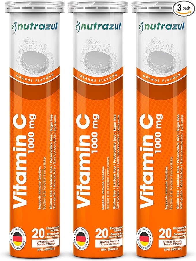 nutrazul Vitamin C 1000mg Effervescent Tablets- Orange 20’s (Pack of 3) | Gluten Free, Lactose Free, Sugar Free & Preservative Free