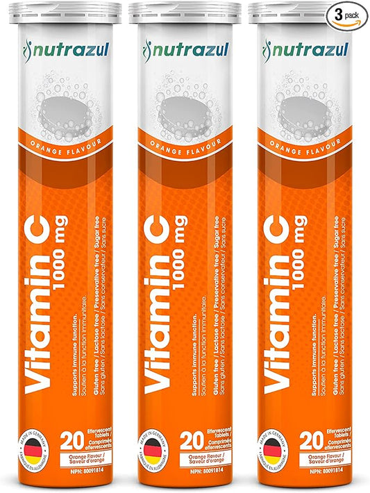 nutrazul Vitamin C 1000mg Effervescent Tablets- Orange 20’s (Pack of 3) | Gluten Free, Lactose Free, Sugar Free & Preservative Free