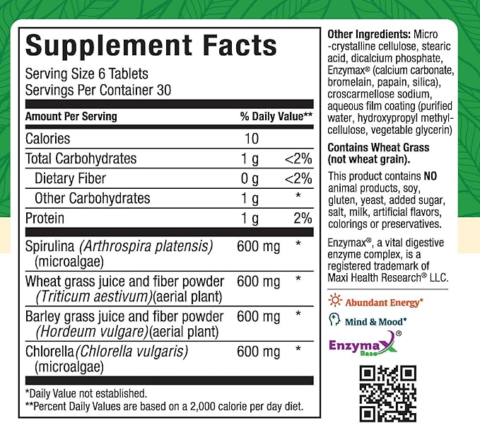 Maxi Health Green Vitality - Green Superfood - Energy and Mood Formula - 180 Tablets - Kosher