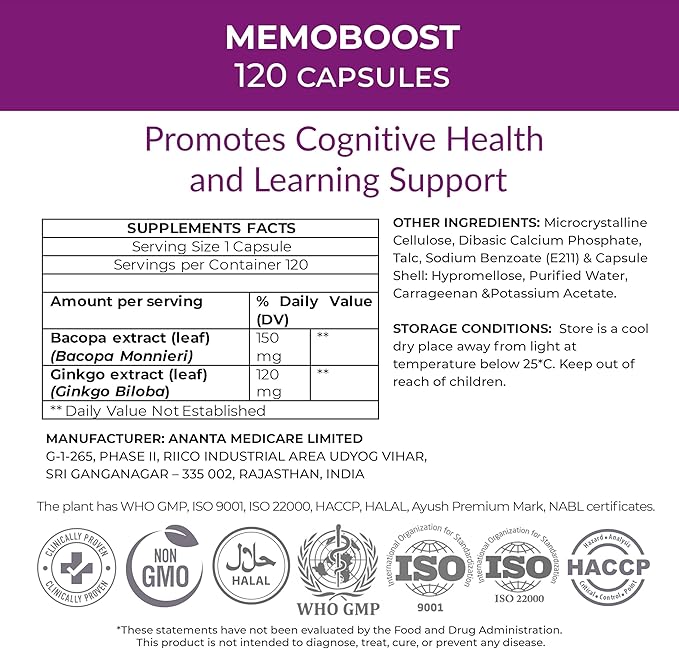 MEMOBOOST Ananta Medicare – Herbal Dietary Supplement (120 Capsules)