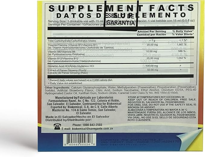 Ginseng Energy Supplement - 10 Vials of Strong Ginseng Extract - Energizing Liquid Supplement with Vitamin B Complex and Glutamic Acid HCI