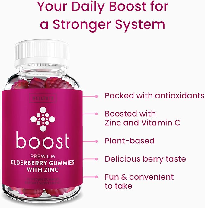 WellPath Boost Elderberry Gummies with Vitamin C (3-Pack) - Immune Support Gummy for Adults | Immunity Booster Vitamins | Zinc Supplement | Vegan, 180 Ct