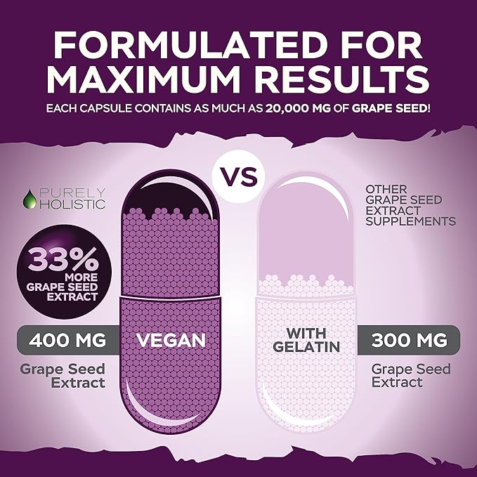 Purely Holistic Grape Seed Extract 20,000mg - 250 Vegan Capsules - 8+ Month Supply - Standardized to 95% Polyphenols - 400 mg per Capsule - Maximum Strength Grapeseed - Non-GMO & Pesticide Free