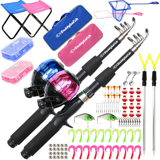 DaddyGoFish Kids Fishing Pole - Rod Reel Combo Tackle Box Starter Set - First Year Small Dock Gear Kit for Boys Girls Toddler Youth Age Beginner Little Children (Older Kids (2 Pack, Blue + Pink), 5ft)