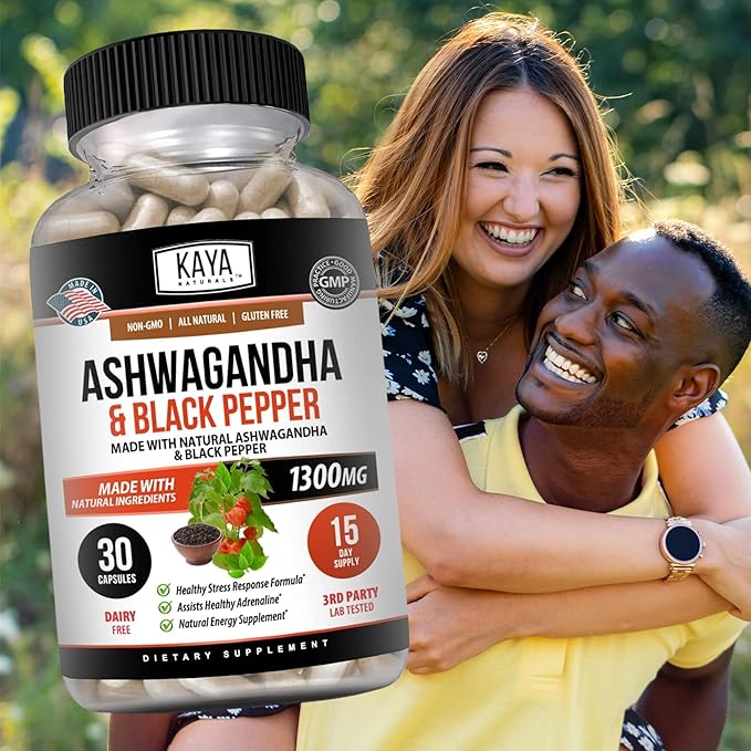 Kaya Naturals Ashwagandha Root with Black Pepper | Maximum Strength 1300mg Adaptogen Supplement, Support Adrenal, Glandular Health, Mood Relief, Focus, Energy & Vitality for Men & Women