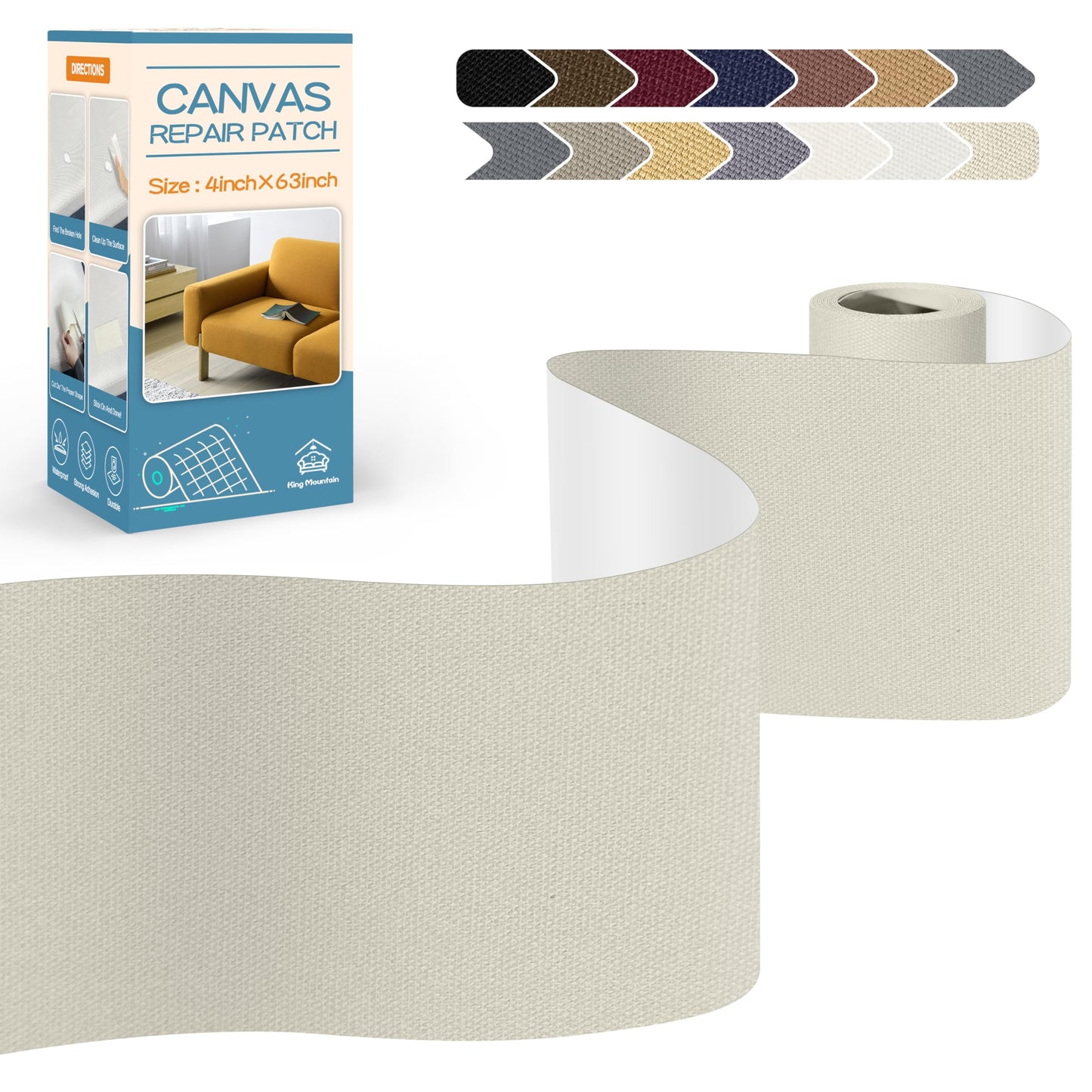 KING MOUNTAIN Canvas Repair Tape,Outdoor Gear Patch, 4×63 Inches,Waterproof,Self-Adhesive for Repairing Boat Covers,Sun Shades,Sofas,Tents,Lounge Chairs,Awnings (Rice Coffee)