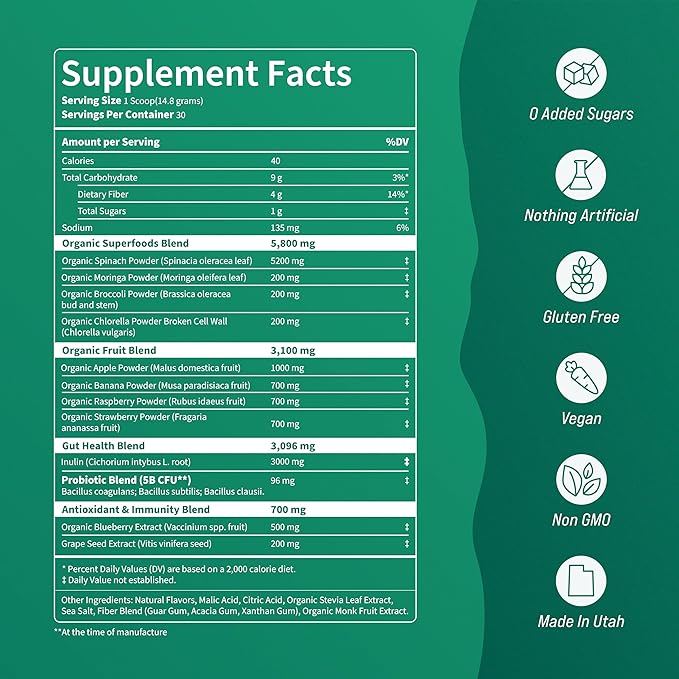 Supergreens - Premium Superfood Greens Drink Mix with Chlorella, Moringa, Spinach, & Broccoli + Digestive Enzymes - Nutrient-Packed Greens Powder Superfood for Wellness(30 SRV)