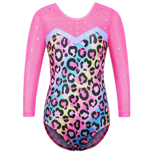 BAOHULU Gymnastics Leotard for Girls Shiny Sequin Sleeve Practice Dancewear B346_PinkLeopard_5A