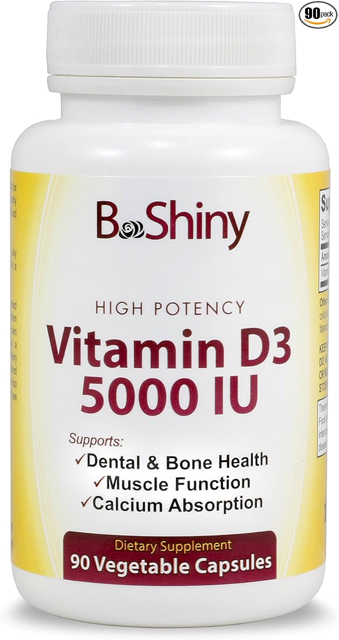 Vitamin D3 5000 IU High Potency 90 Vegetarian Capsules in Non-GMO for Enhanced Calcium Absorption, Dental and Bone Health, Muscle Function