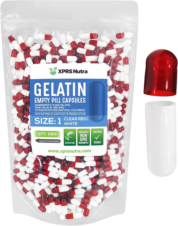 XPRS Nutra Size 1 Empty Capsules - 1000 Count Empty Gelatin Capsules - Pill DIY Capsule Filling - Pure Bovine Pill Gel Caps for Do-It-Yourself Supplements (Clear Red/White)