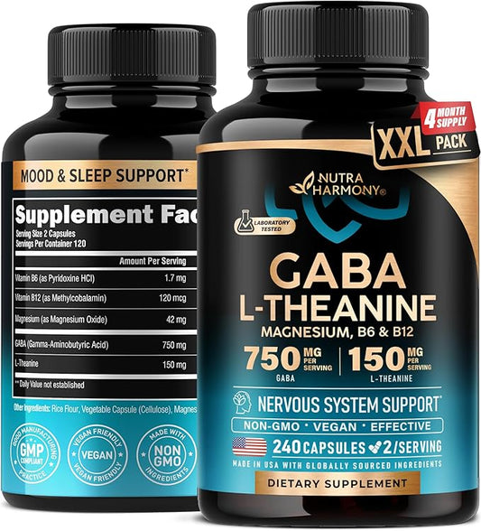 GABA L-Theanine 900 mg - Made in USA - Magnesium | Vitamin B6 - Calm, Sleep, Relaxation & Mood Support - 750 mg Gamma AminoButyric Acid, 150 mg L-Theanine - Non-Habit Forming, Vegan - 240 Capsules