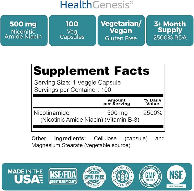 B-3 Nicotinamide 500 mg 100 Vcaps - Nicotinic Amide Niacin Natural Flush-Free Vitamin Formula - Supports Skin Cell Health