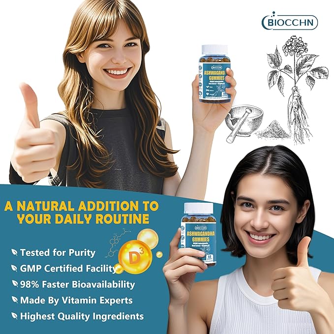 Ashwagandha Vitamin D3 Gummies, Vitamin D3 1000IU＆ Ashwagandha Supplements Gummies for Women Men(Non-GMO & Gluten Free,Sugar Free)