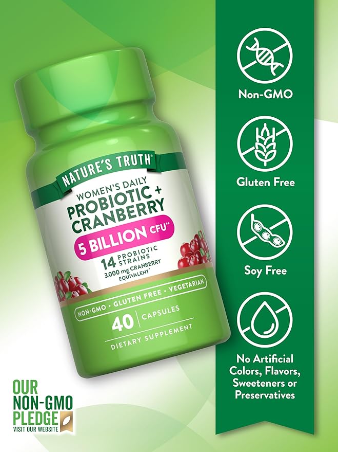 Nature's Truth Probiotics for Women | 5 Billion CFUs Daily | 40 Vegetarian Capsules | with Cranberry | Non-GMO & Gluten Free | No Refrigeration Needed