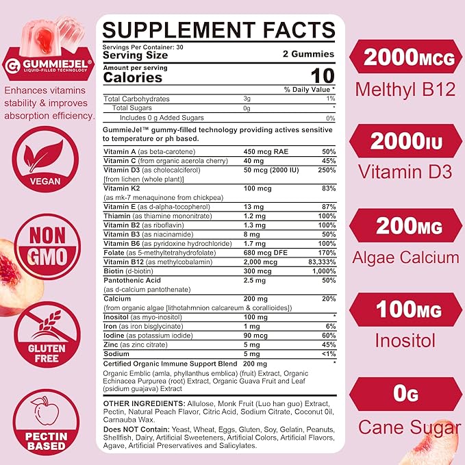 Sugar Free Methylated Multivitamin for Women Gummies, Calcium, D3 K2, Inositol, Folate, Vitamin A, C, E, B Complex, Biotin, Iron - Vitamins & Minerals - Energy, Immune, Bone, Skin, Hair, Vegan, 60 Cts