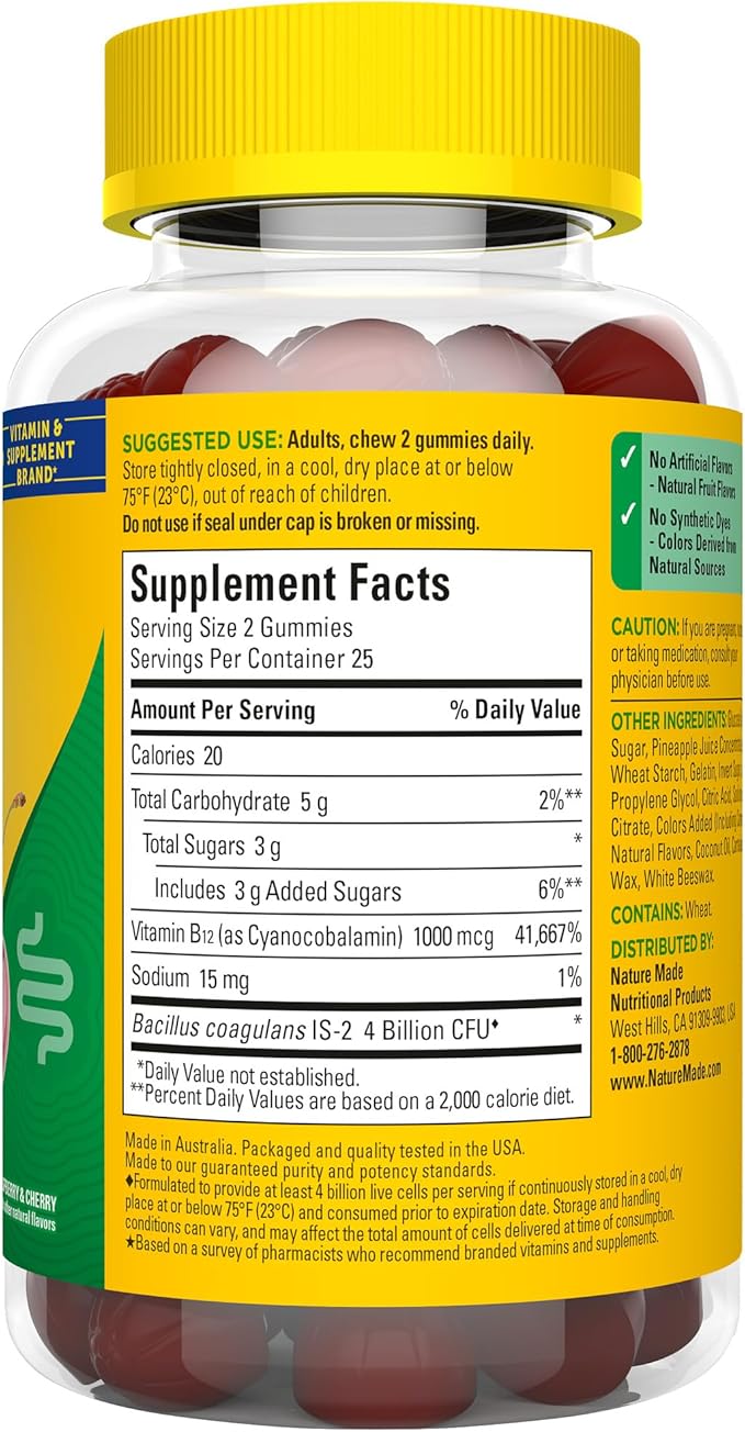 Nature Made Digestive Probiotics and Energy B12 Gummies, Probiotics for Women and Men, 50 Probiotic Gummies, 25 Day Supply