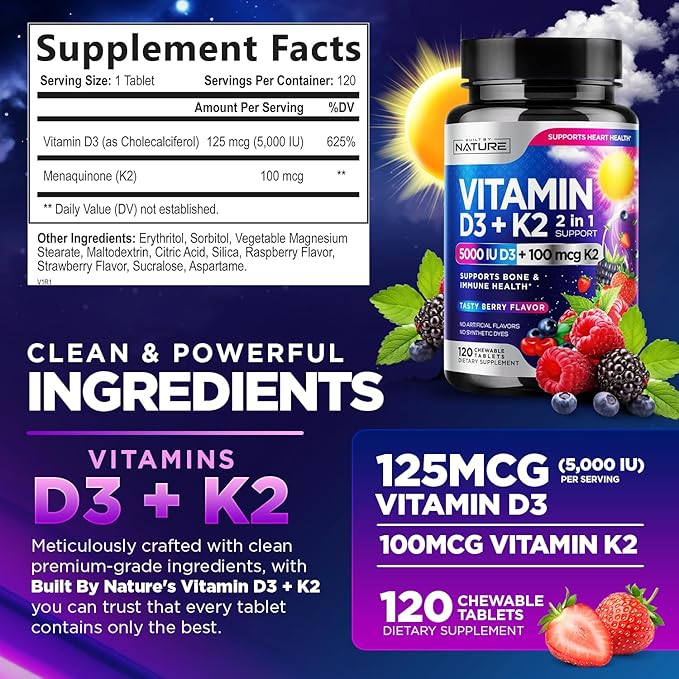 Vitamin D3 K2 – Chewable Vitamin D 5000 IU & K2 MK-7 100 mcg – 2 in 1 Vitamin D K2 Supplement Chews - Immune, Heart, & Bone Support – Non GMO - Tasty Berry Flavor - 120 Chewable Tablets
