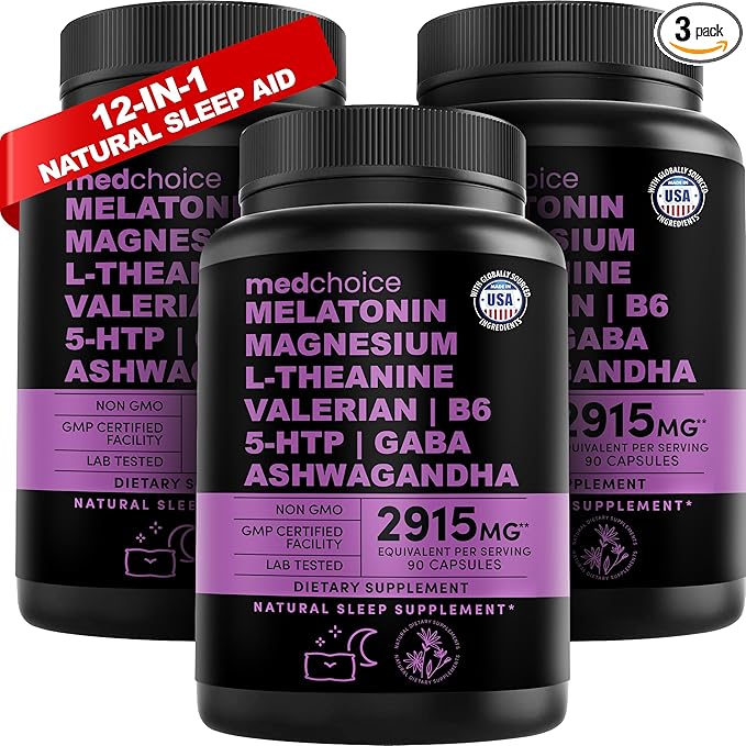 12-in-1 Melatonin Sleep Capsules - Natural Sleep Aids for Adults with Melatonin 5mg and Magnesium Glycinate 500mg, Sleep Aid with Ashwagandha, L Theanine, Valerian Root, GABA, 5-HTP (90ct, Pack of 3)