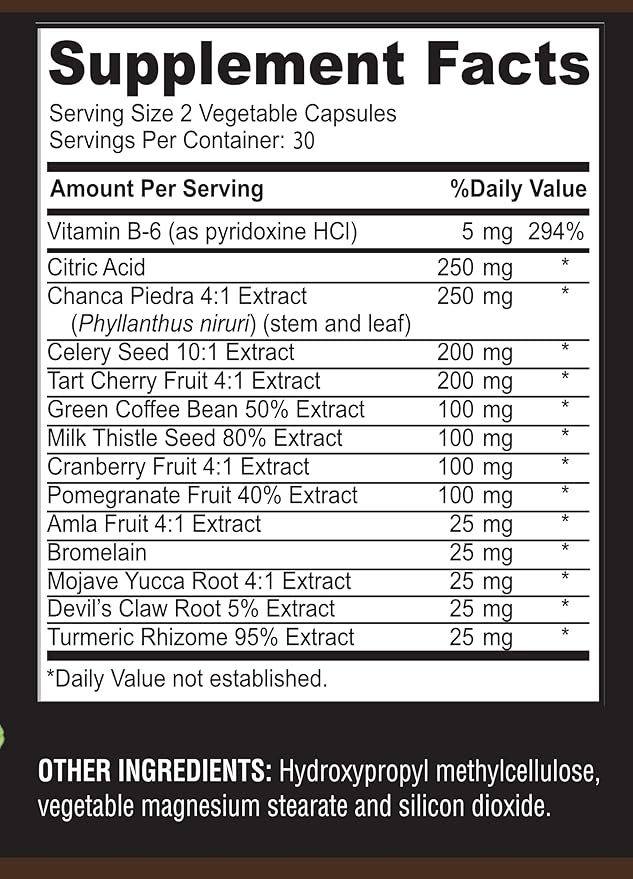 Uric Acid Advanced Formula – Kidney, Liver, Gallbladder, Urinary Tract Cleanse with Cranberry, Chanca Piedra, Tart Cherry, Milk Thistle and Bromelain 60 Capsules