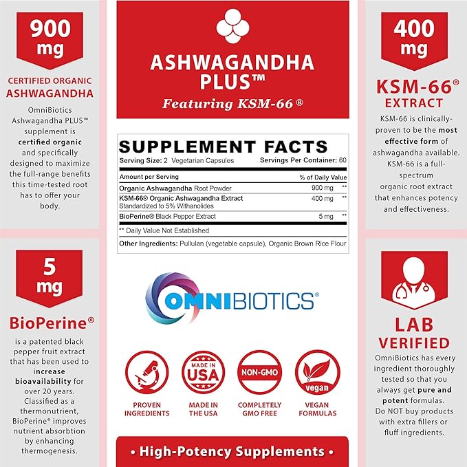 Organic Ashwagandha Supplement - 1300mg Ashwagandha KSM 66 Root Extract with Extra Strength Formula for Cortisol Balance, Mood Support, Stress Relief, and Sleep. Non-GMO - 120 Organic Vegan Capsules