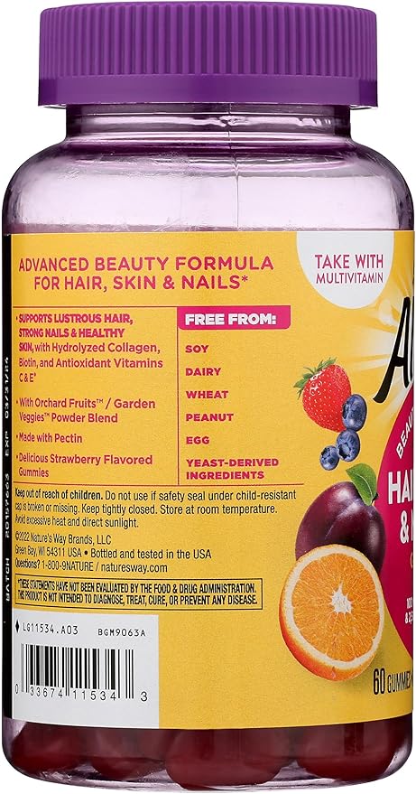Nature's Way Alive! Hair, Skin & Nails Gummies with Biotin & Collagen, Beauty Support, Strawberry Flavored, 60 Gummies (Pack of 1)