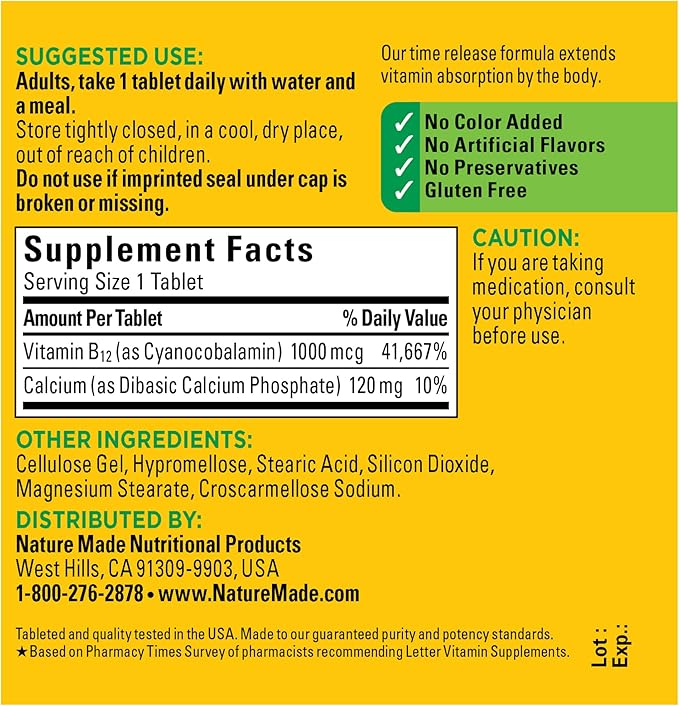 Nature Made Vitamin B12 1000 mcg, Dietary Supplement For Energy Metabolism Support, 75 Time Release Tablets, 75 Day Supply