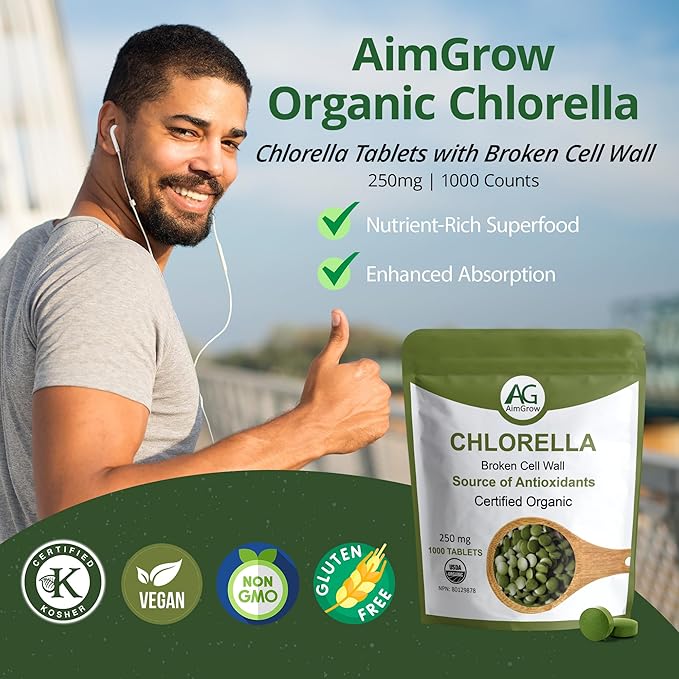 1000 Tablets, Organic Chlorella Tablets with Broken Cell Wall, 250mg