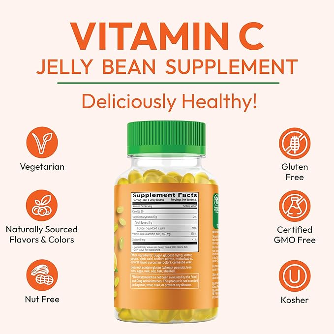 Vitamin C Jelly Bean Gummies for Adults, Immune Support Dietary Supplements, Vegetarian, 120 Citrus Blast Jelly Beans, Kosher