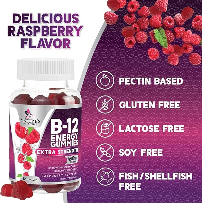 B-12 Vitamin Energy Gummies - 4500mcg Extra Strength B12 Gummy Chewables for Energy Metabolism & Immune Support - Dietary Supplement for Women, Men, & Kids - Non-GMO, Vegan, Berry Flavor - 120 Count