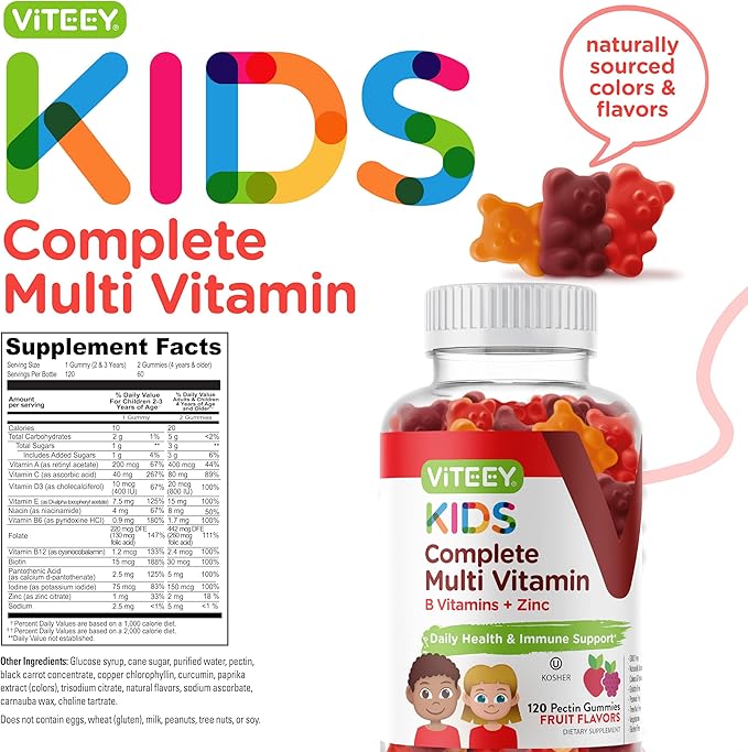 Kids Multivitamin Gummies, Complete Daily Essential Kids Vitamins - Great for Immune Support & Overall Health - 12 Essential Minerals & Vitamins - Vegetarian, Gelatin Free- Chewable Fruit Flavor Gummy