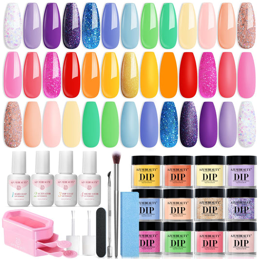 AZUREBEAUTY 31 Pcs Dip Powder Nail Kit Starter, Spring Summer 20 Colors Glitter Neon Pink Blue Green Dipping Powder Liquid Set with Top/Base Coat Activator for French Nail Art Manicure DIY Salon Gift