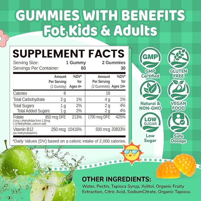 L Methylfolate Gummies, 5-MTHF 1mg Gummies for Kids & Adults - 4+, Methyl Folate and B12 supplement, Highly Absorbable MTHFR Supplement, Support Brain Health, Immunity, Kids Growth, 60 Count