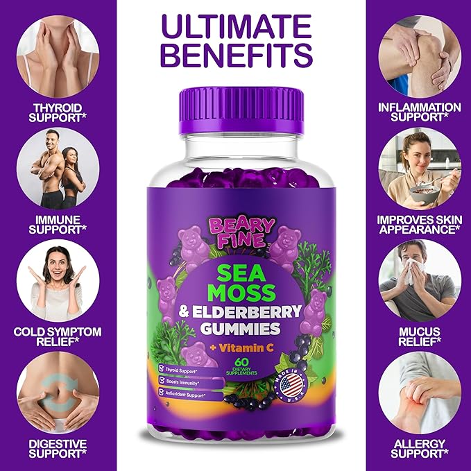 Sea Moss Gummies & Elderberry - Vitamin C + Zinc – Extra Strength Immune & Thyroid Support Booster Gummy Bears for Kids & Adults - 60 Seamoss Gummies - Made in The USA