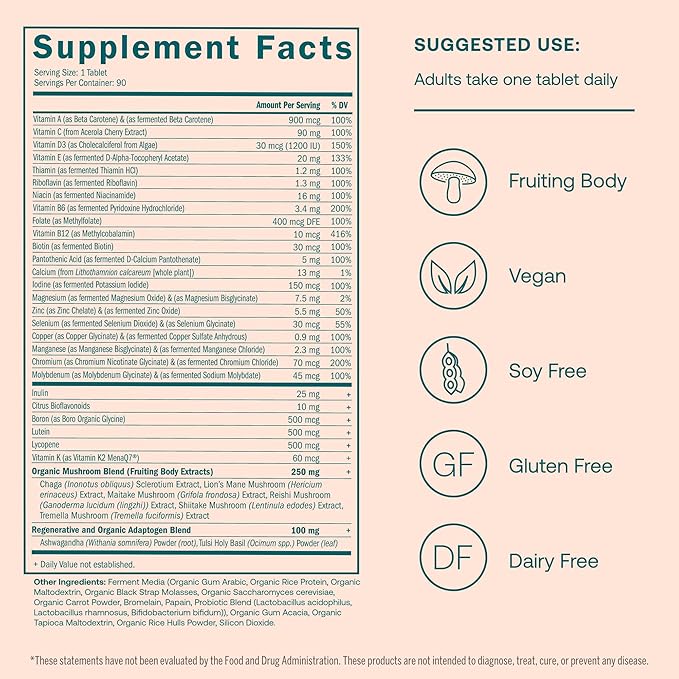 True Grace One Daily Women’s Multivitamin 40+ Fermented Minerals, Organic Adaptogens & Mushrooms Energy, Immune, Bone Support - Non-GMO - Iron, Gluten & Soy Free - 90 Vegan Tablets