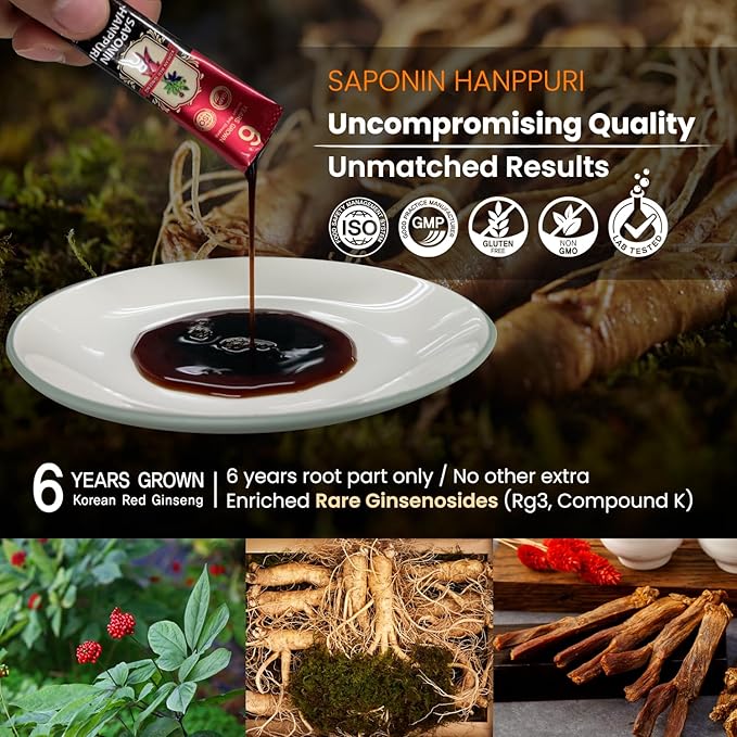 Korean Red Ginseng Extract 3000mg Everyday, Saponin Hanppuri, Immune Booster and Focus Supplement for Brain Enhancement with Ginsenoside Rg3, Panax Ginseng 6 Years Root, 30Packets in 1 Set